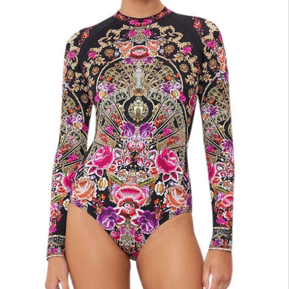 Camilla Long Sleeve Floral Print One-Piece Swimsuit in Black and Pink Size M - Picture 5 of 16